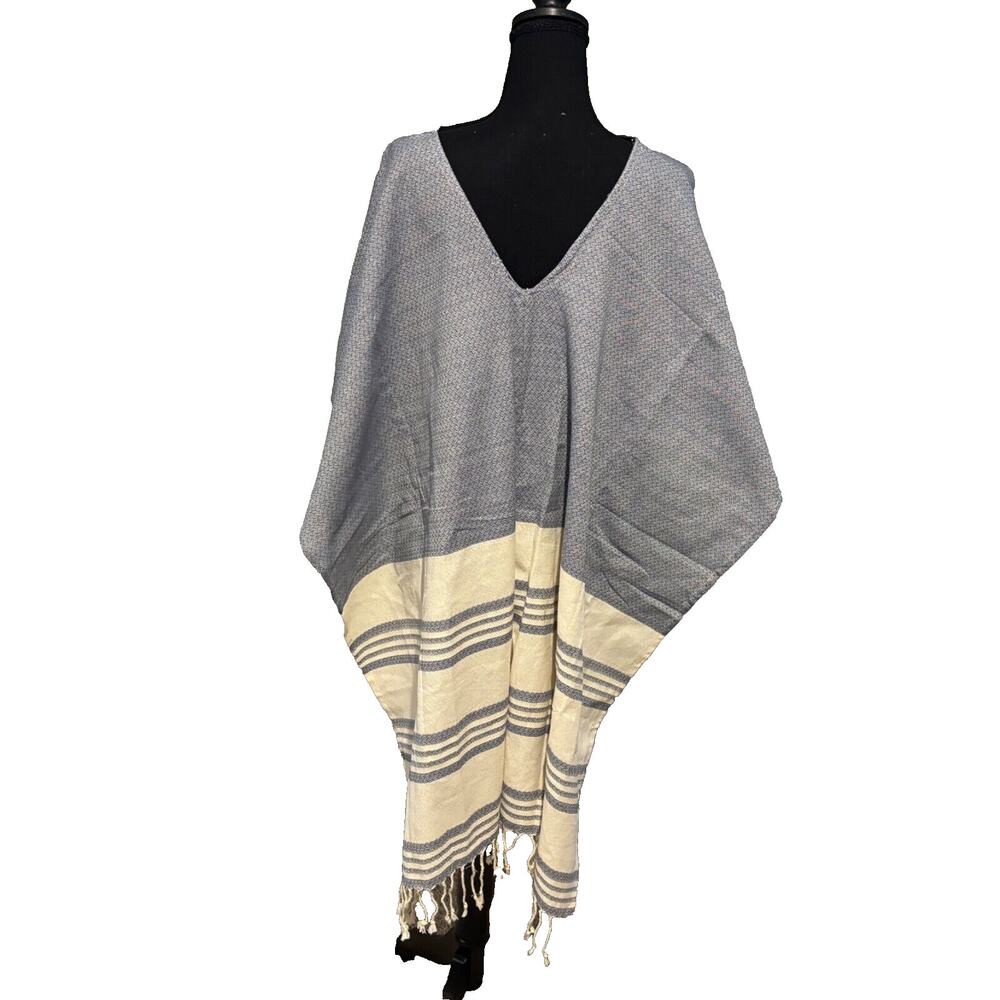 Tribe Alive Poncho Blue Ivory Stripe Shawl poncho kaftan OS Aztec Boho‎ Career